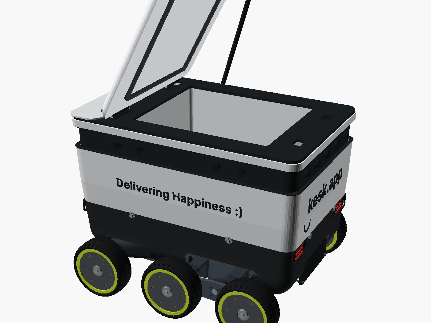 DELIVER-E with the lid raised, showing the empty 43.5 litre cargo bay