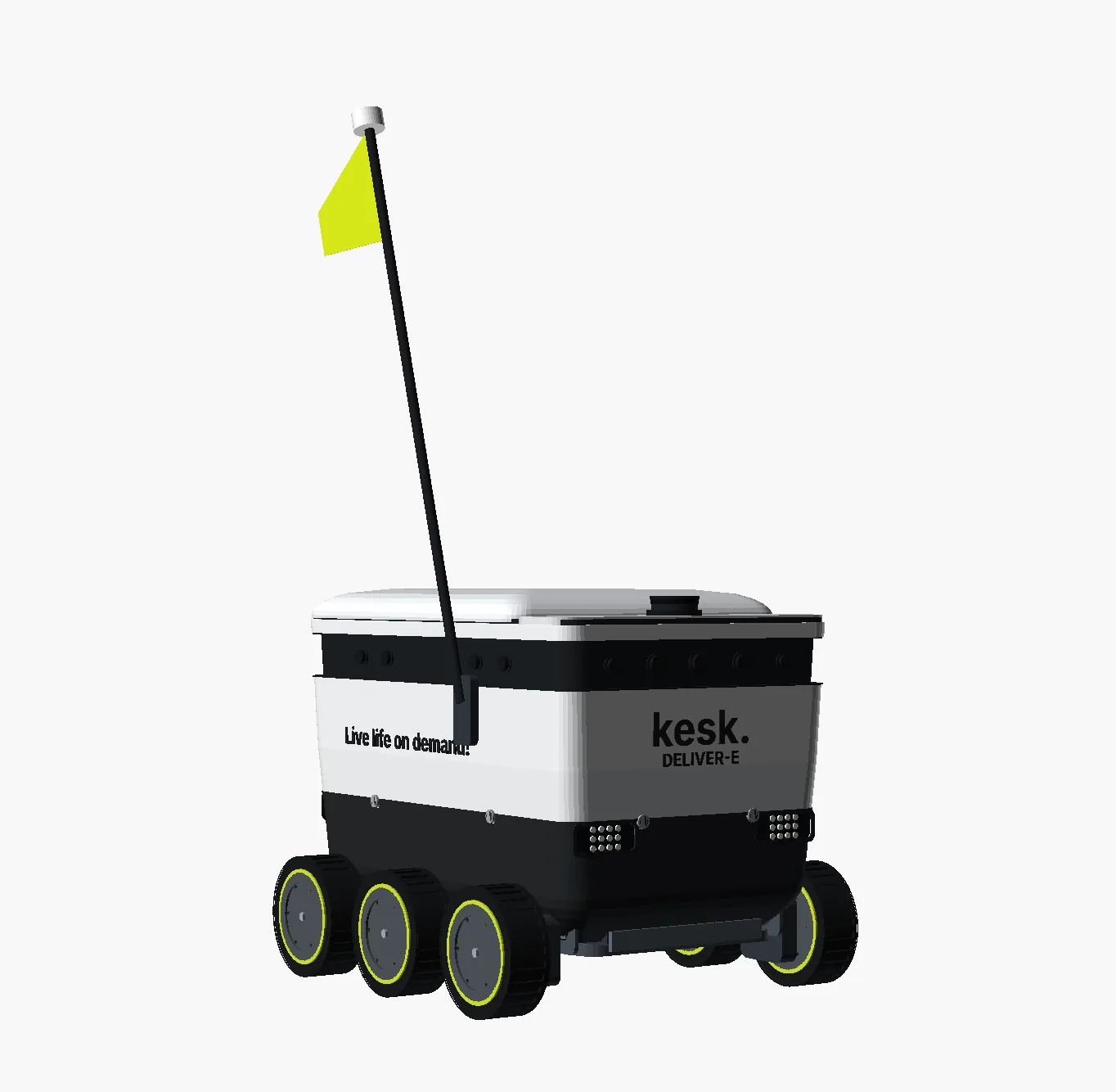 DELIVER-E, a six-wheeled sidewalk delivery robot, seen from the front three-quarter