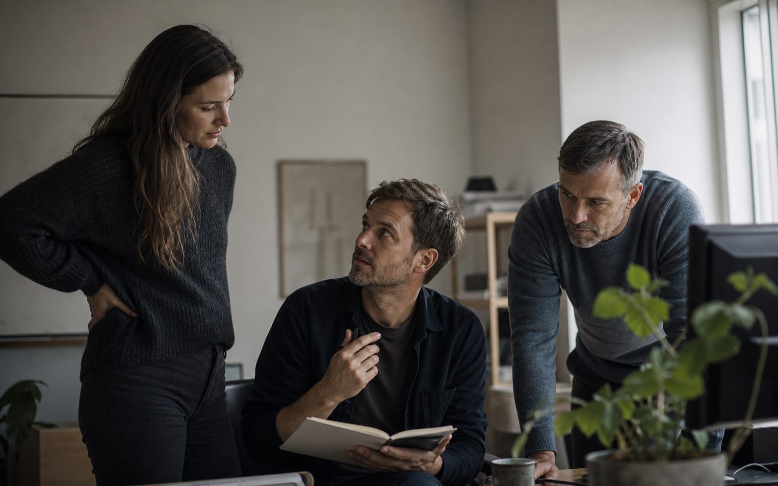 A small team mid-conversation around a desk