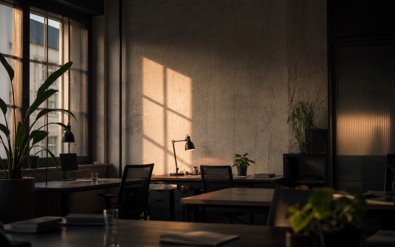 Empty desks in a quiet office at golden hour