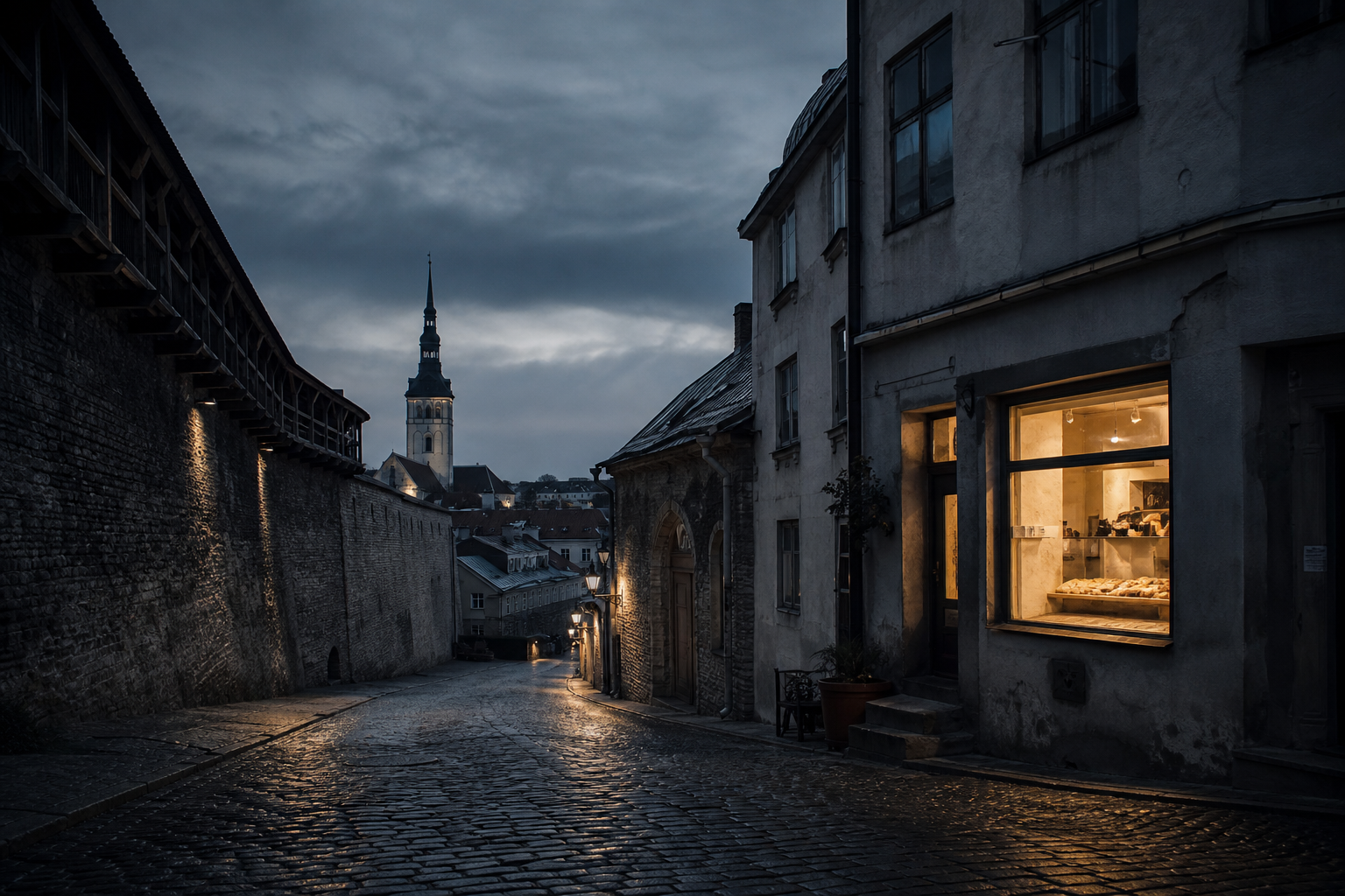 Old town Tallinn cobblestones at dusk