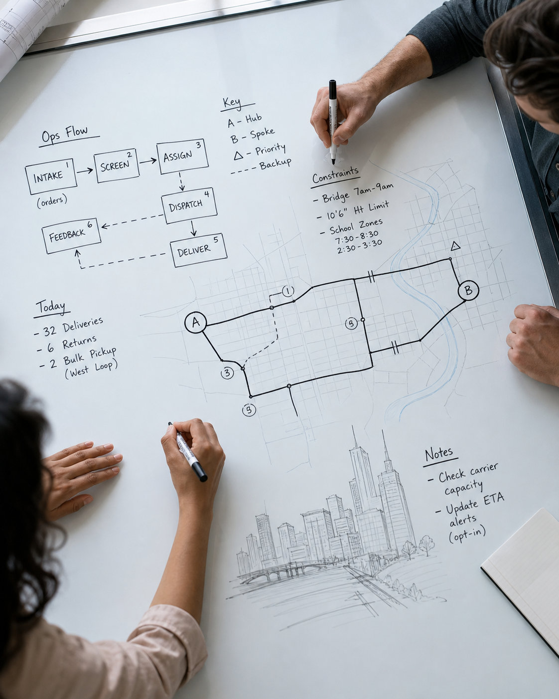 Operations whiteboard session — people writing on glass