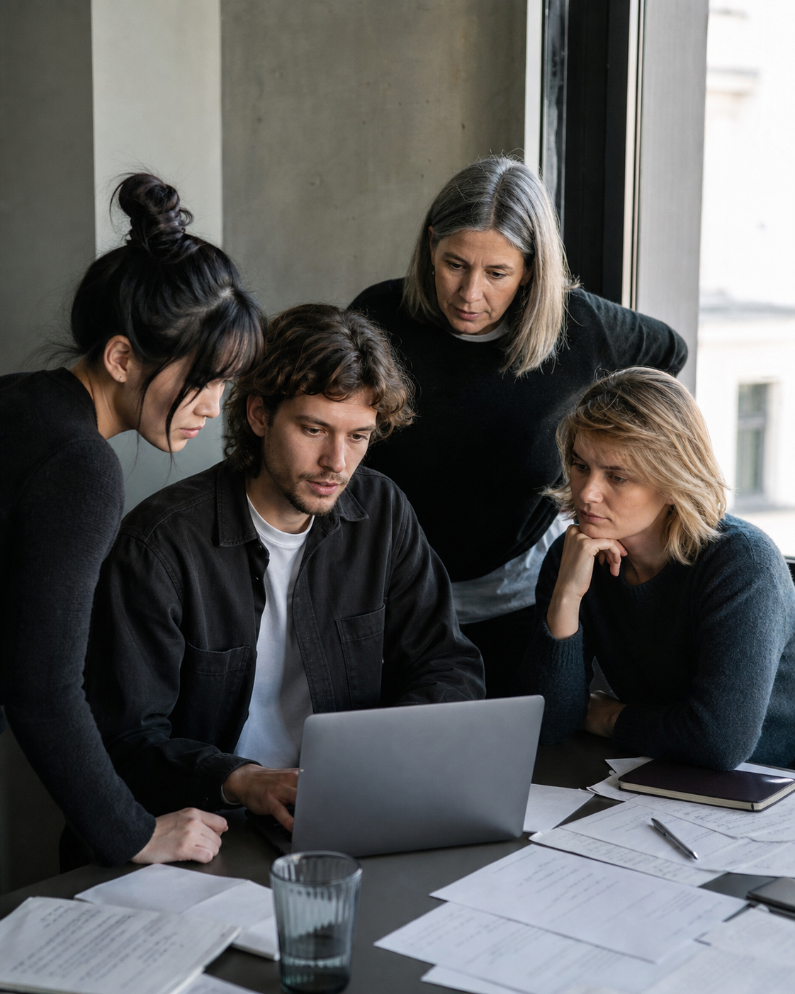 Kesk team gathered in a modern open office, casual conversation