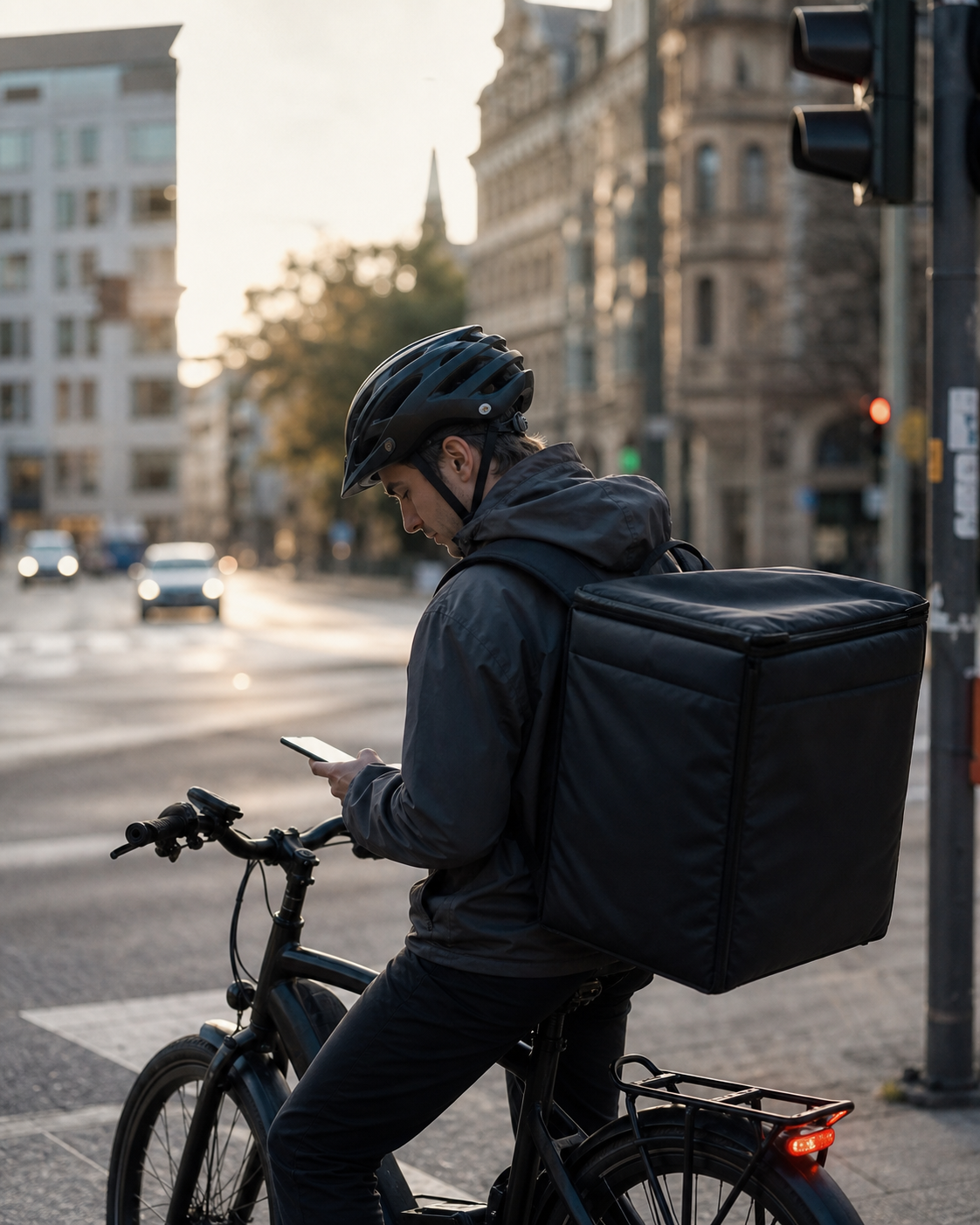 Courier on an electric bike pausing at a city intersection