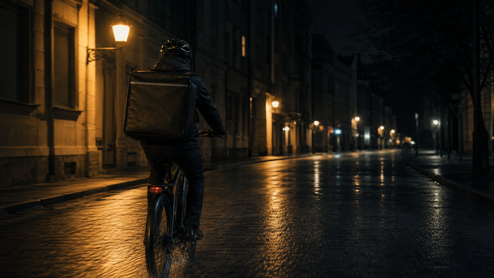 Courier riding through a wet European street at night