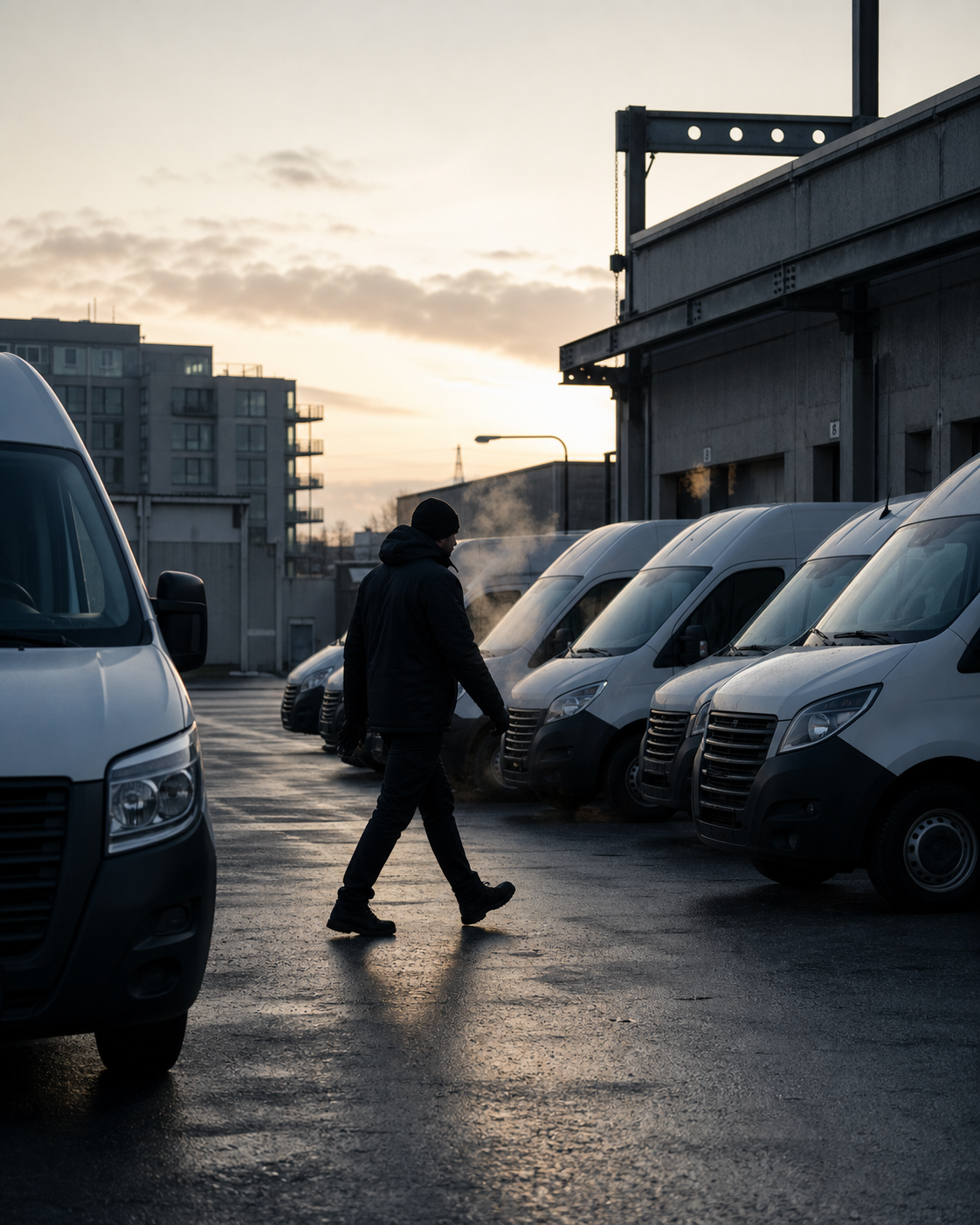 Fleet of delivery vans parked at a depot at first light