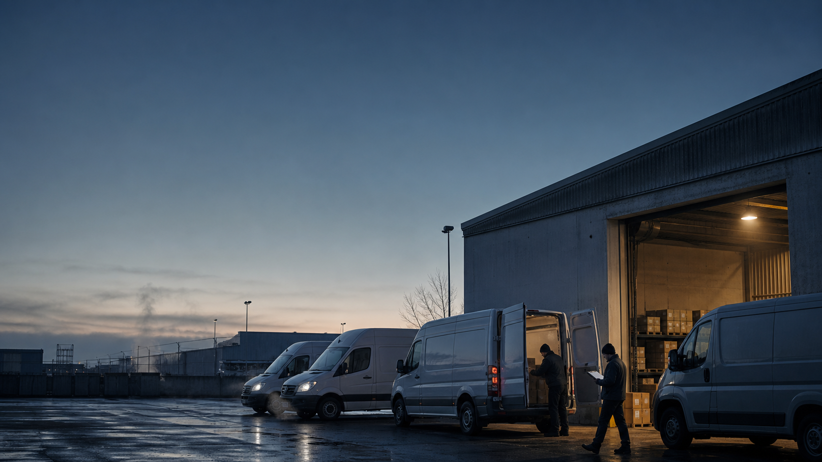 A fleet of cargo vans inside an urban depot at first light
