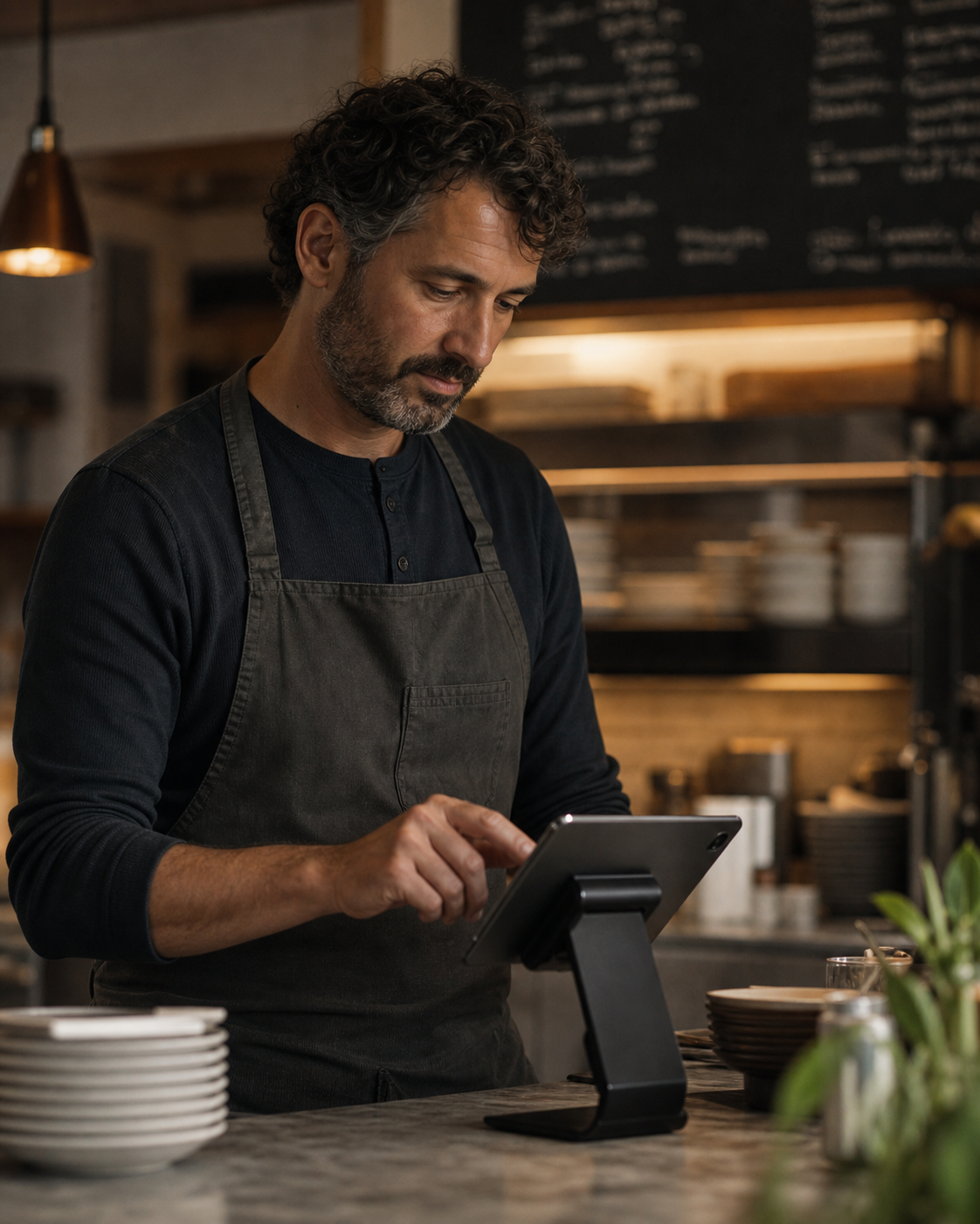 An independent shop owner at the counter