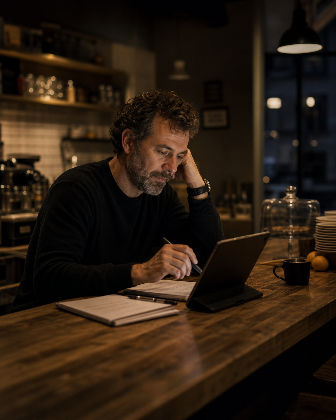 A small-shop owner reviewing the day's takings on a tablet