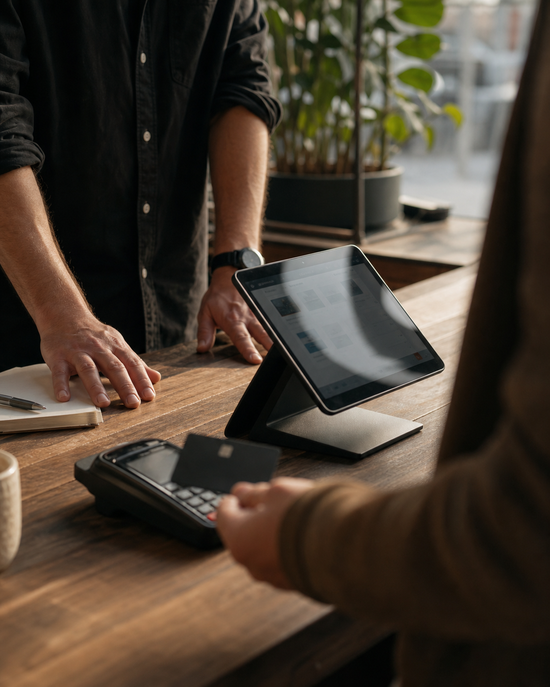 A merchant taking a payment on a Kesk POS tablet at the counter