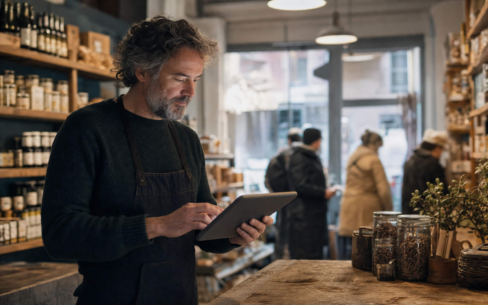 Independent shop owner at the counter
